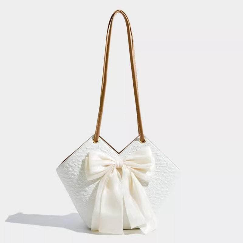 Spacious Ladies' Bow-Accented Shoulder Bucket Bag Tan