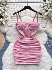 Spaghetti Strap Bustier Ruched Mini Dress S / Pink