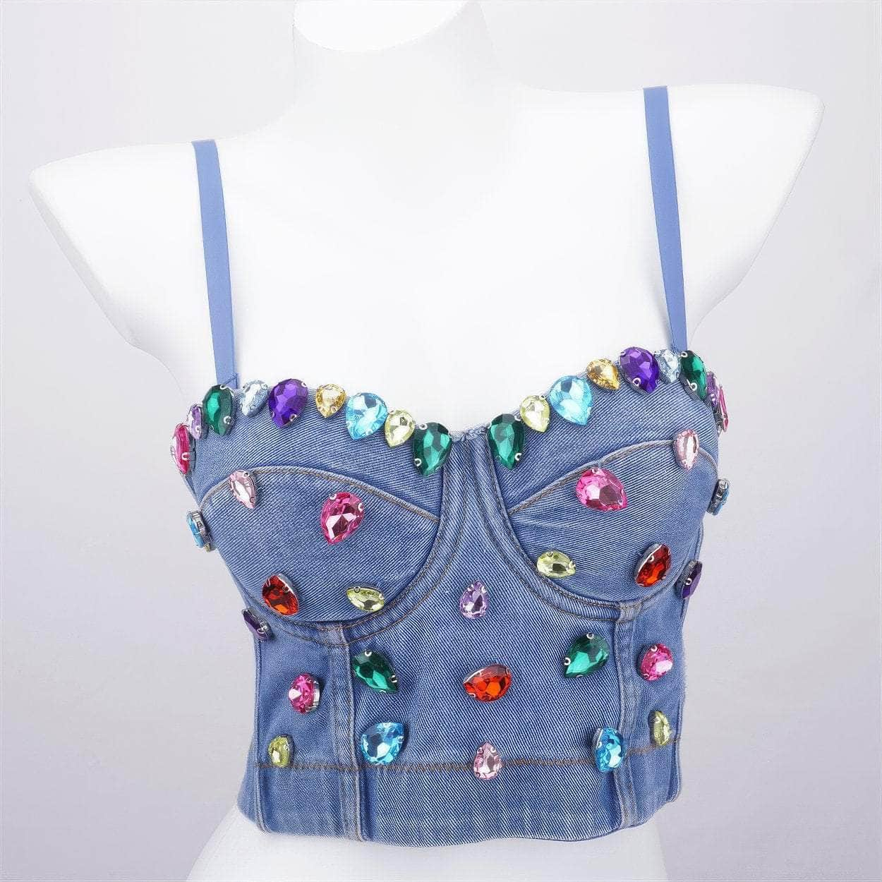 Spaghetti Strap Denim Rhinestone Decorated Bralette