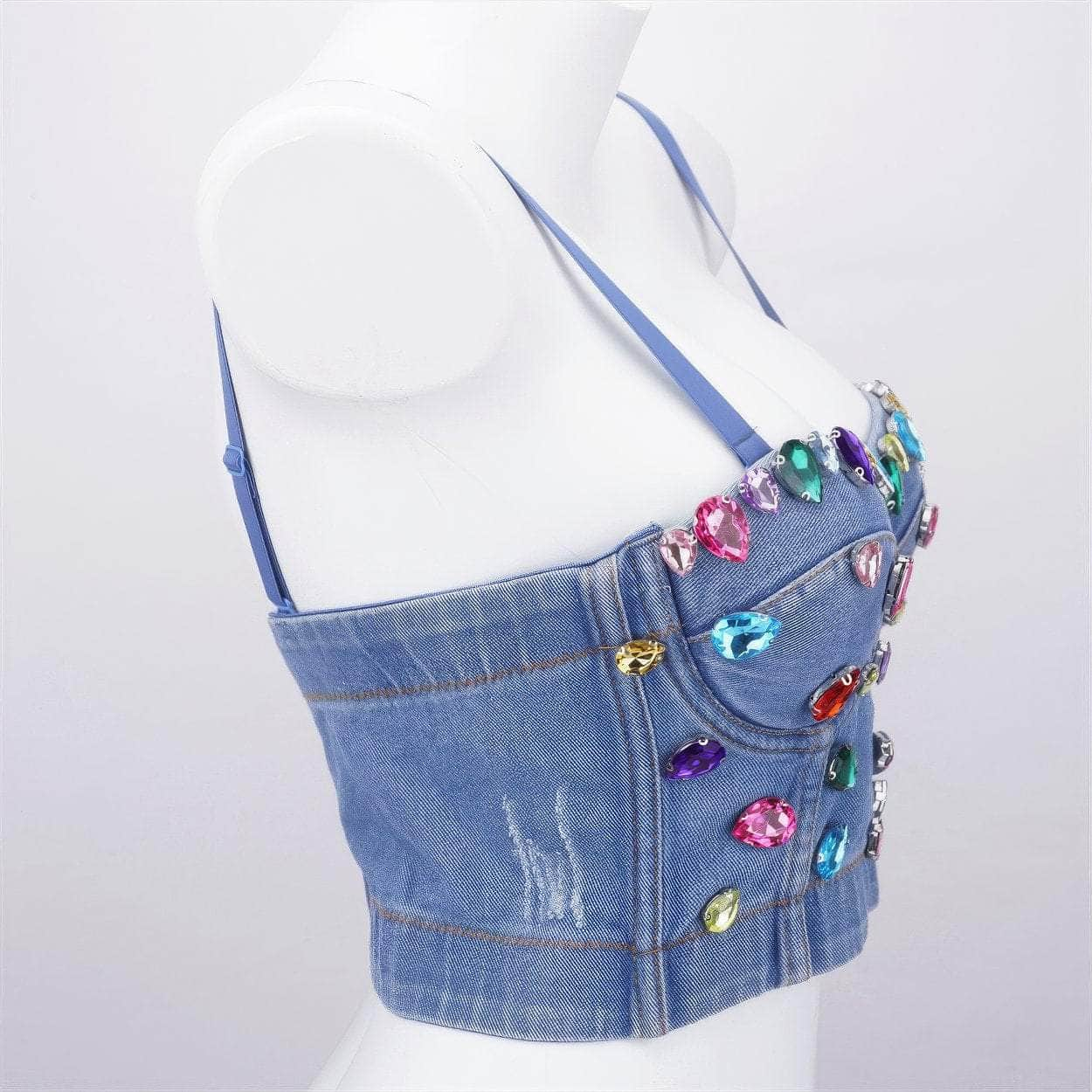 Spaghetti Strap Denim Rhinestone Decorated Bralette