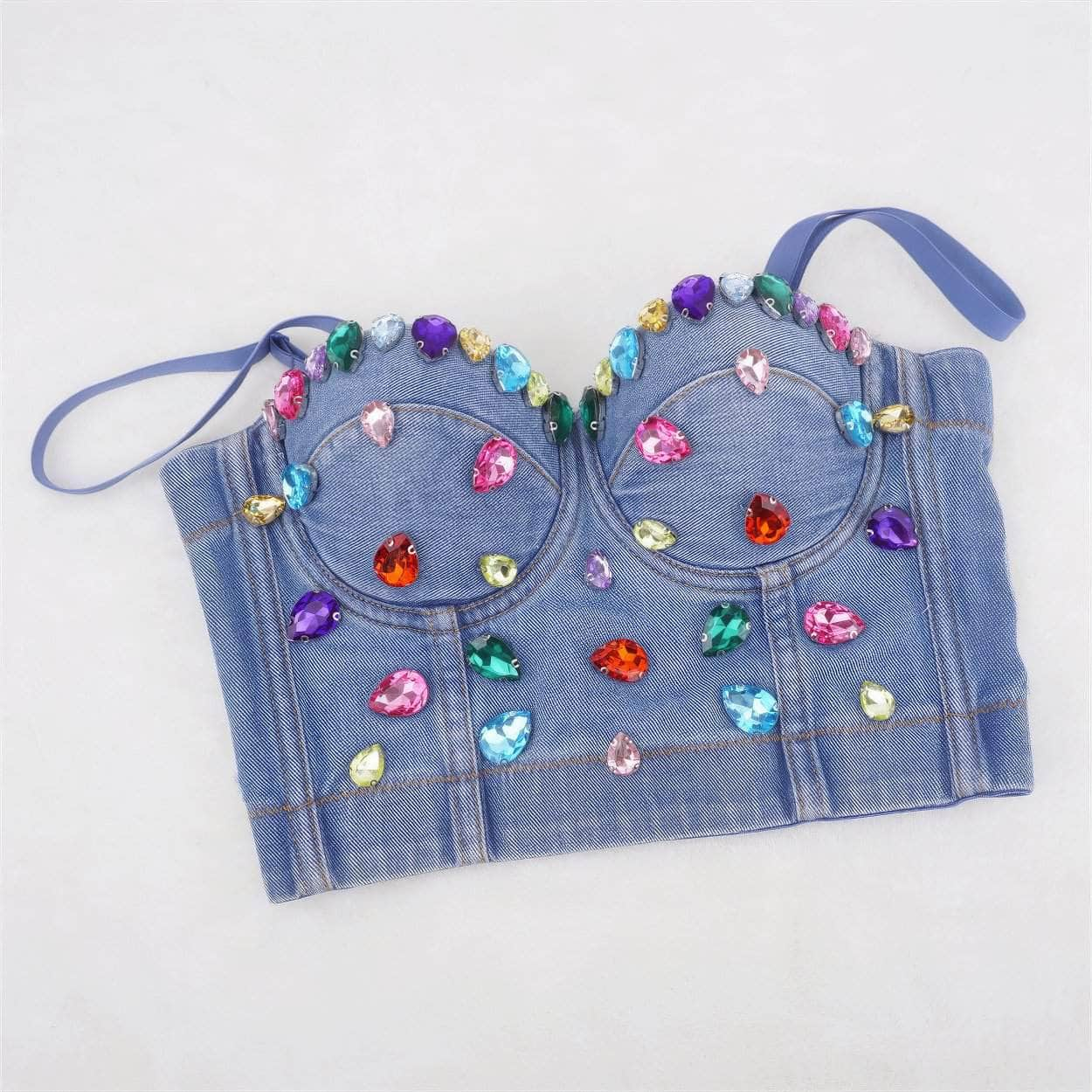 Spaghetti Strap Denim Rhinestone Decorated Bralette