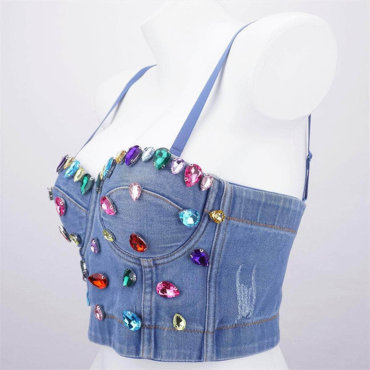 Spaghetti Strap Denim Rhinestone Decorated Bralette