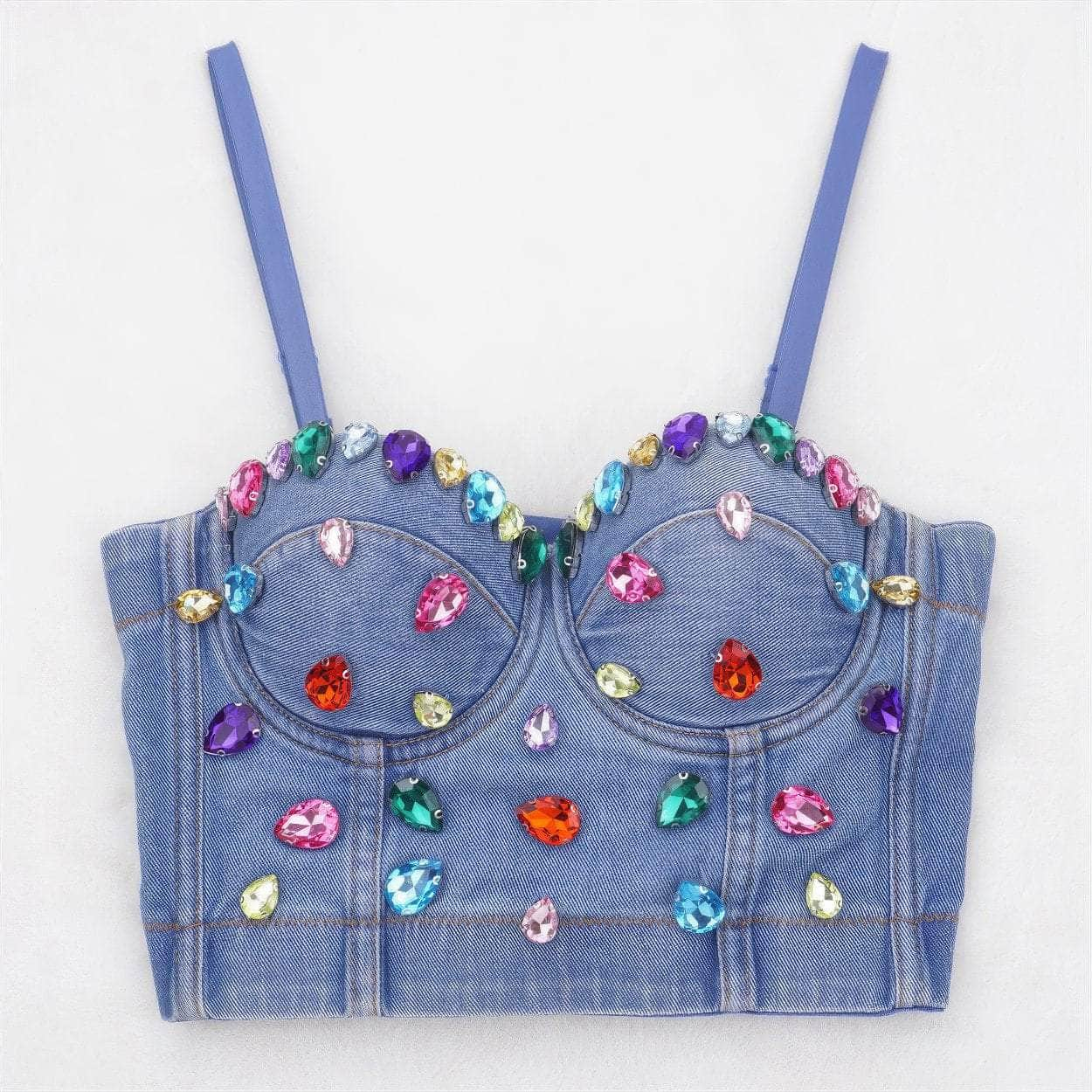 Spaghetti Strap Denim Rhinestone Decorated Bralette