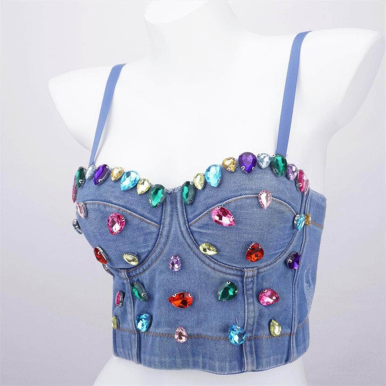 Spaghetti Strap Denim Rhinestone Decorated Bralette