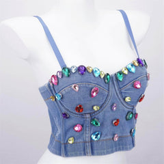 Spaghetti Strap Denim Rhinestone Decorated Bralette S / Blue