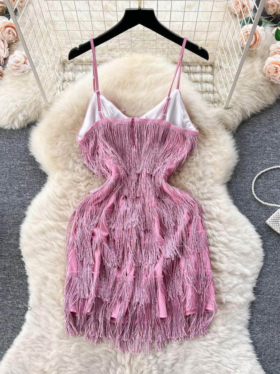 Spaghetti Straps Shimmery Tassel Mini Dress