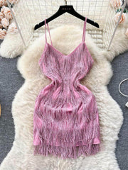 Spaghetti Straps Shimmery Tassel Mini Dress S / Pink
