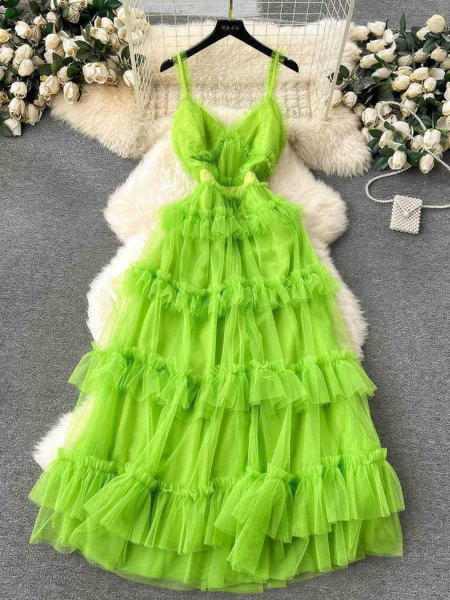 Spaghetti Straps V neck Ruffled Layer Frill Maxi Dress MAX SIZE / Green