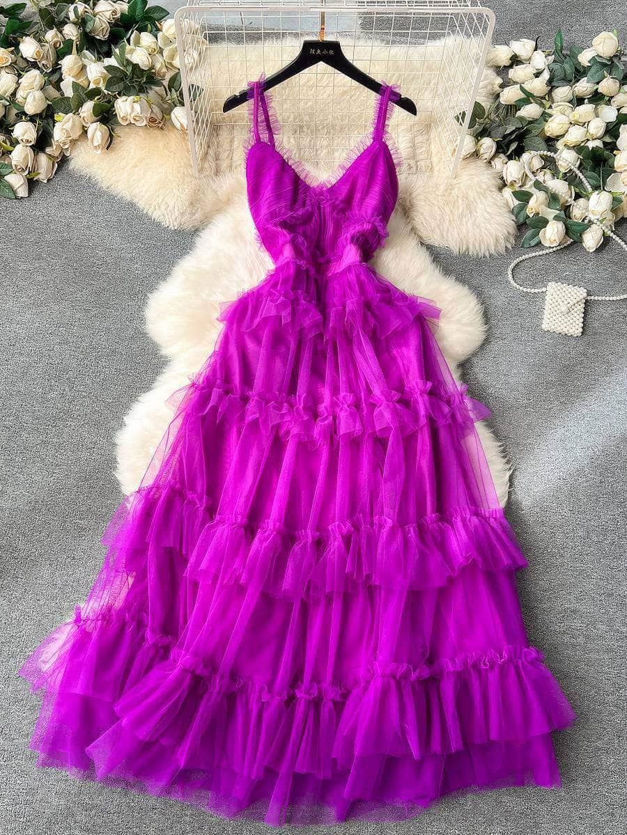 Spaghetti Straps V neck Ruffled Layer Frill Maxi Dress MAX SIZE / Purple