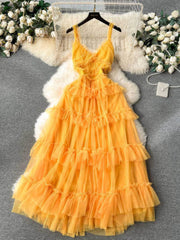 Spaghetti Straps V neck Ruffled Layer Frill Maxi Dress MAX SIZE / Yellow