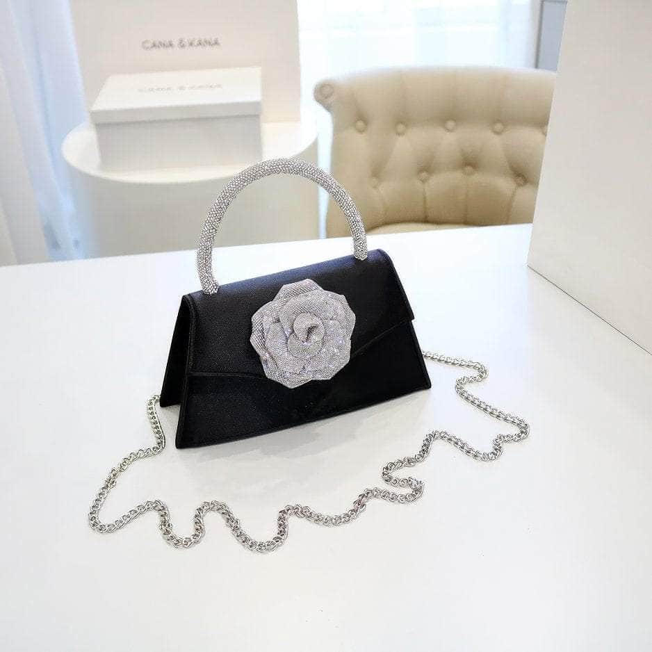 Sparkling 3D Floral Shimmery Top Handle Bag Black