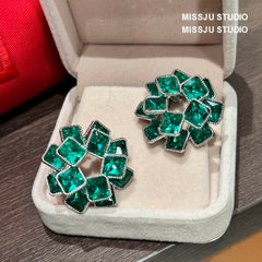 Sparkling Emerald Rhinestoned Layered Square Statement Earrings Green