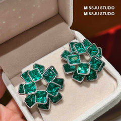 Sparkling Emerald Rhinestoned Layered Square Statement Earrings Green