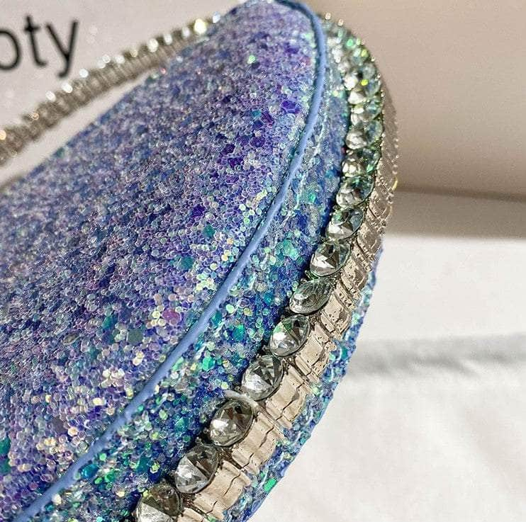 Sparkling Half Moon Crystal Embellished Glitter Clutch