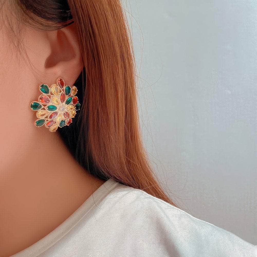 Sparkling Paved Crystal Statement Stud Floral Deco Earrings