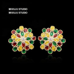 Sparkling Paved Crystal Statement Stud Floral Deco Earrings Multicolor