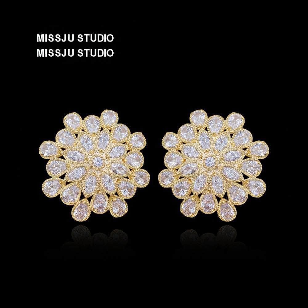 Sparkling Paved Crystal Statement Stud Floral Deco Earrings White