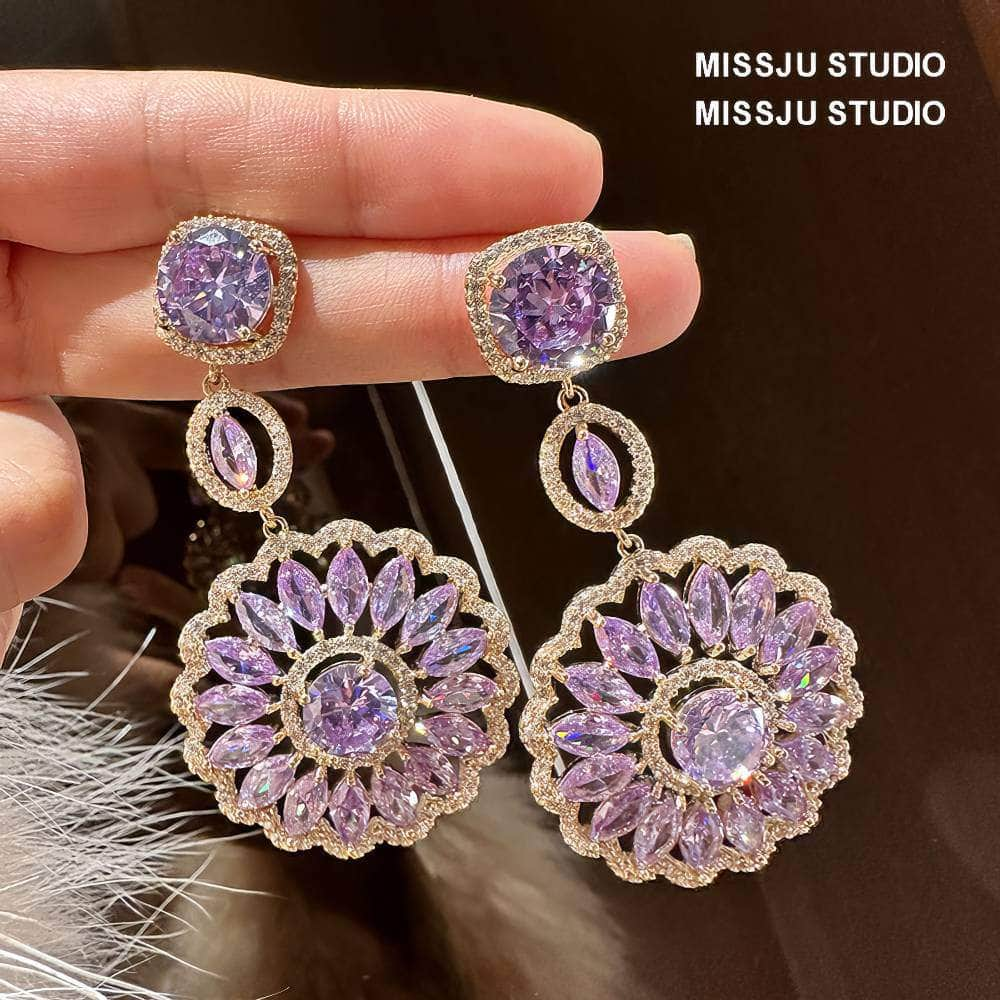 Sparkly Diamante Pendant Chandelier Amethyst Crystal Earrings Purple