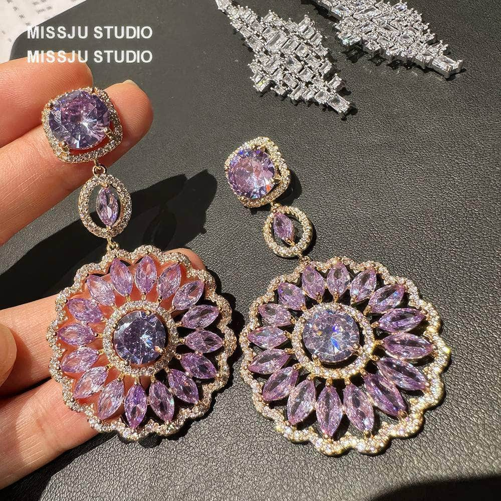 Sparkly Diamante Pendant Chandelier Amethyst Crystal Earrings Purple