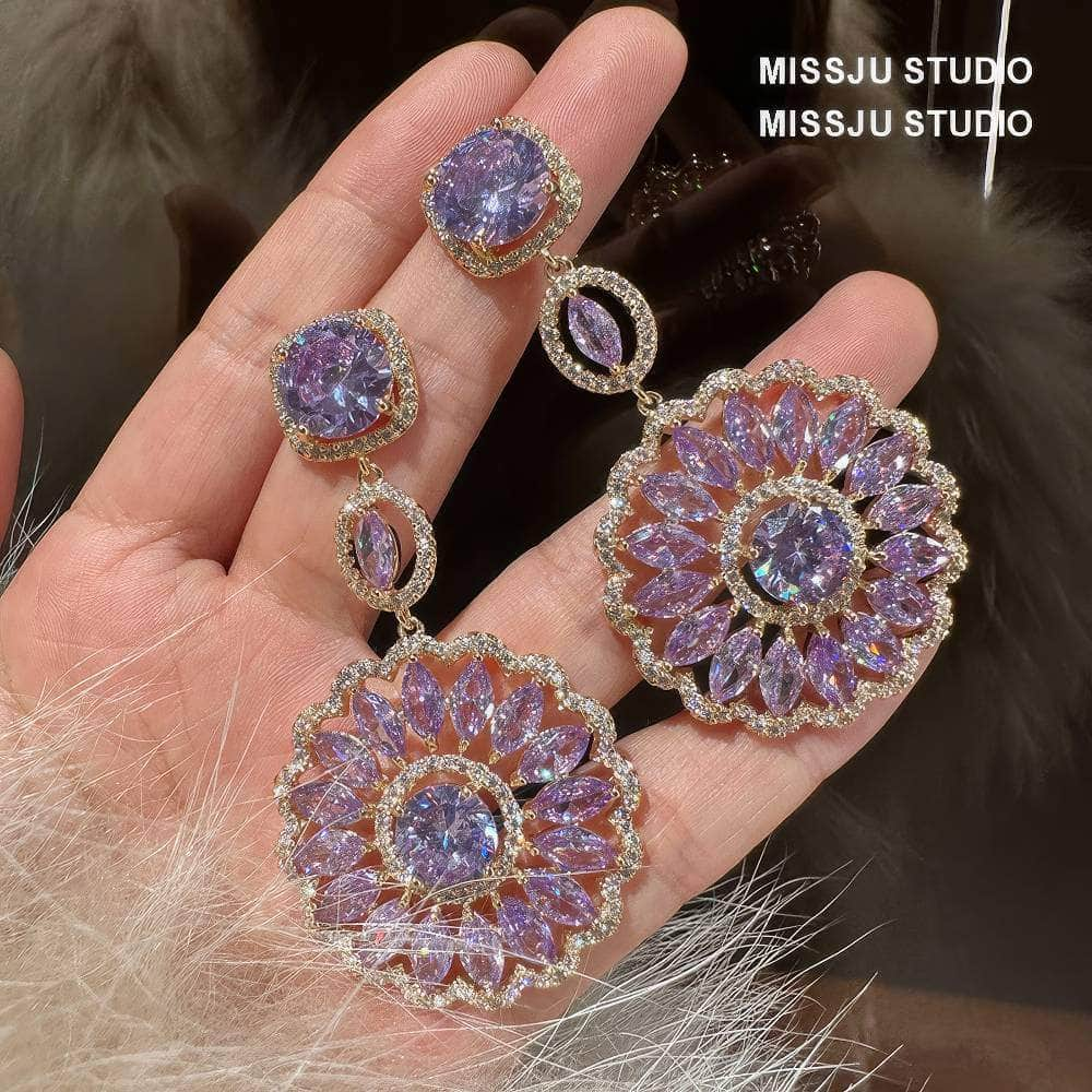 Sparkly Diamante Pendant Chandelier Amethyst Crystal Earrings Purple