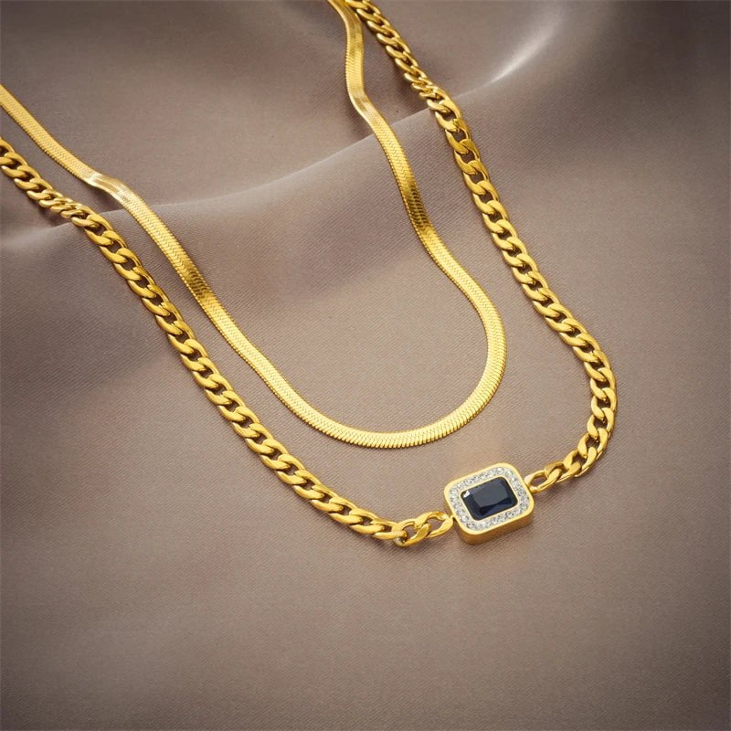 Square Blue Zircon Pendant Necklace - Women's 2-in-1 Fashion Chain for Parties N1848