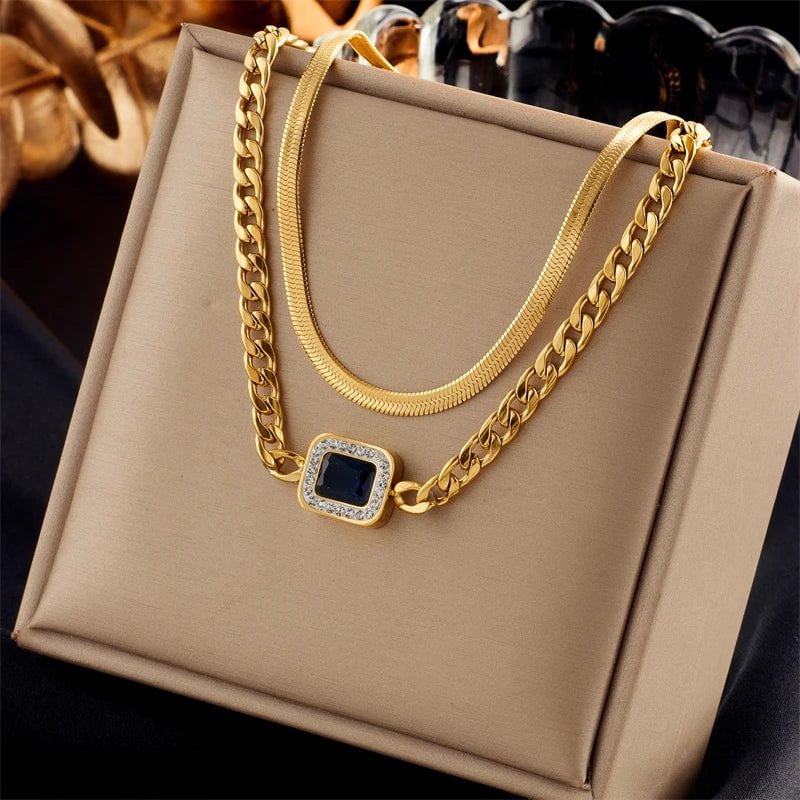 Square Blue Zircon Pendant Necklace - Women's 2-in-1 Fashion Chain for Parties N1848