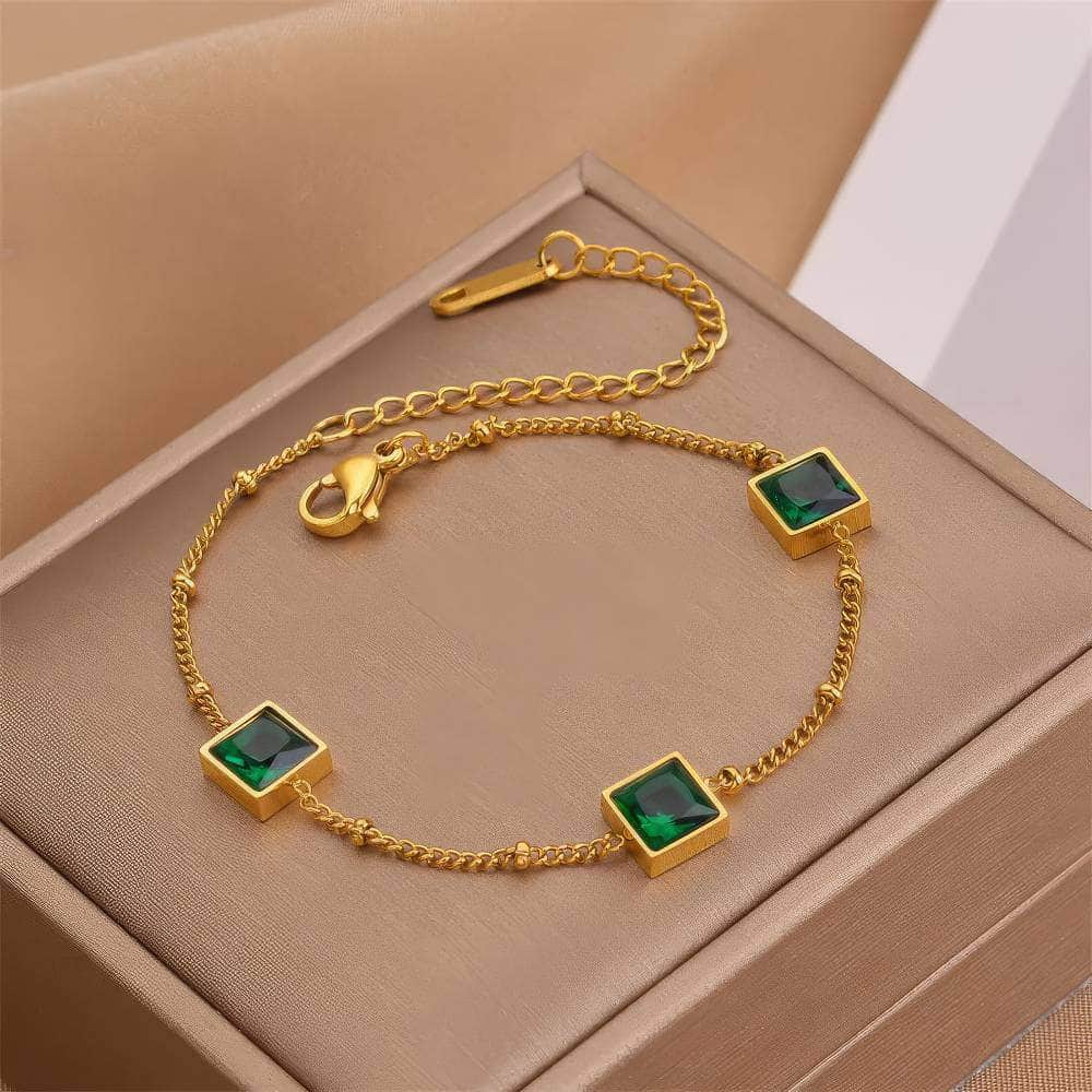 Square Crystal Charms Bracelet - Gold Color Fashion Wrist Jewelry for Women and Girls. Ideal for Party and Casual Gifts B597