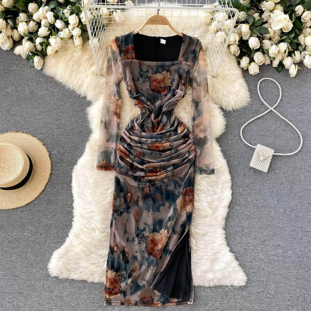 Square Neck Floral Print Ruched Slim Fit Sheer Dress