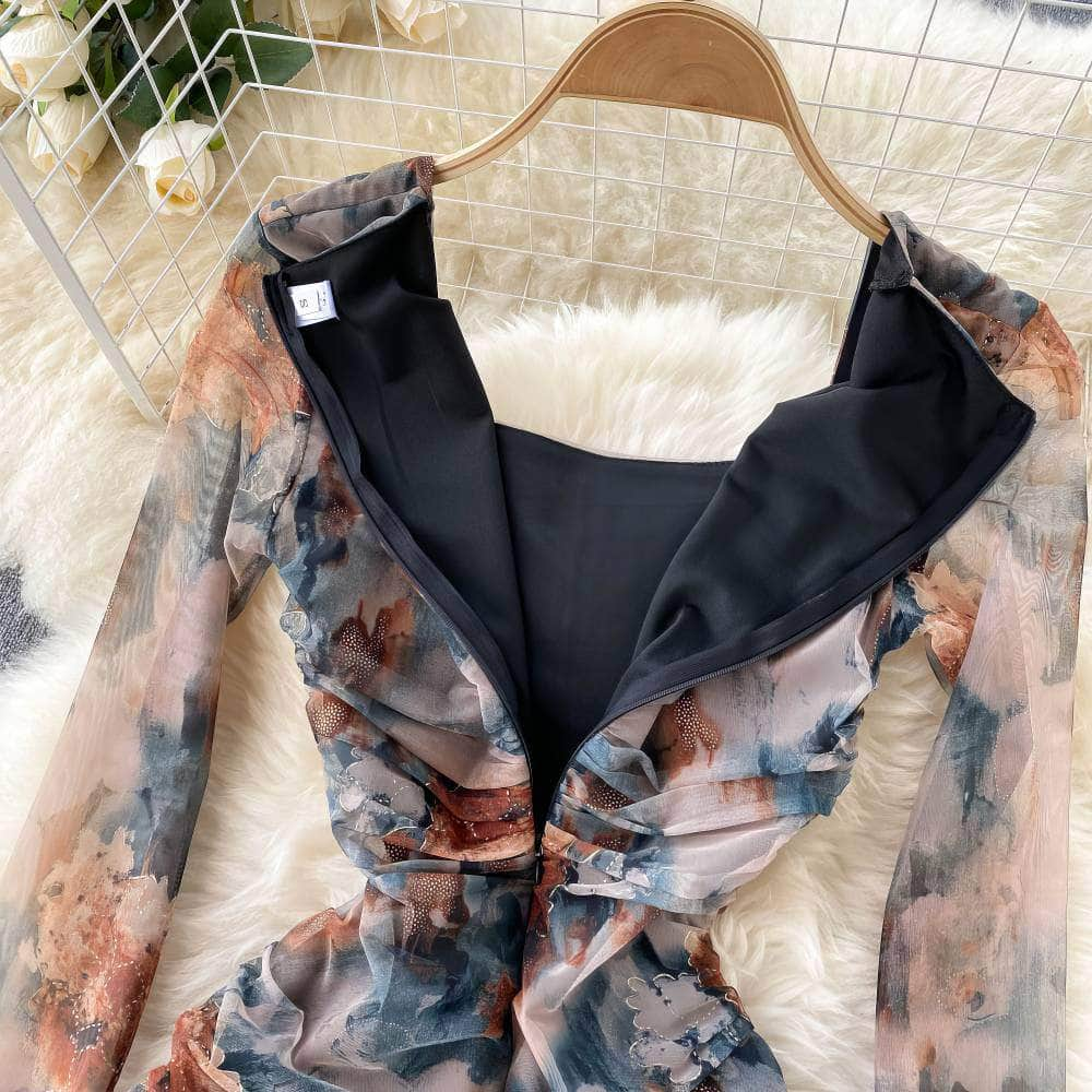 Square Neck Floral Print Ruched Slim Fit Sheer Dress