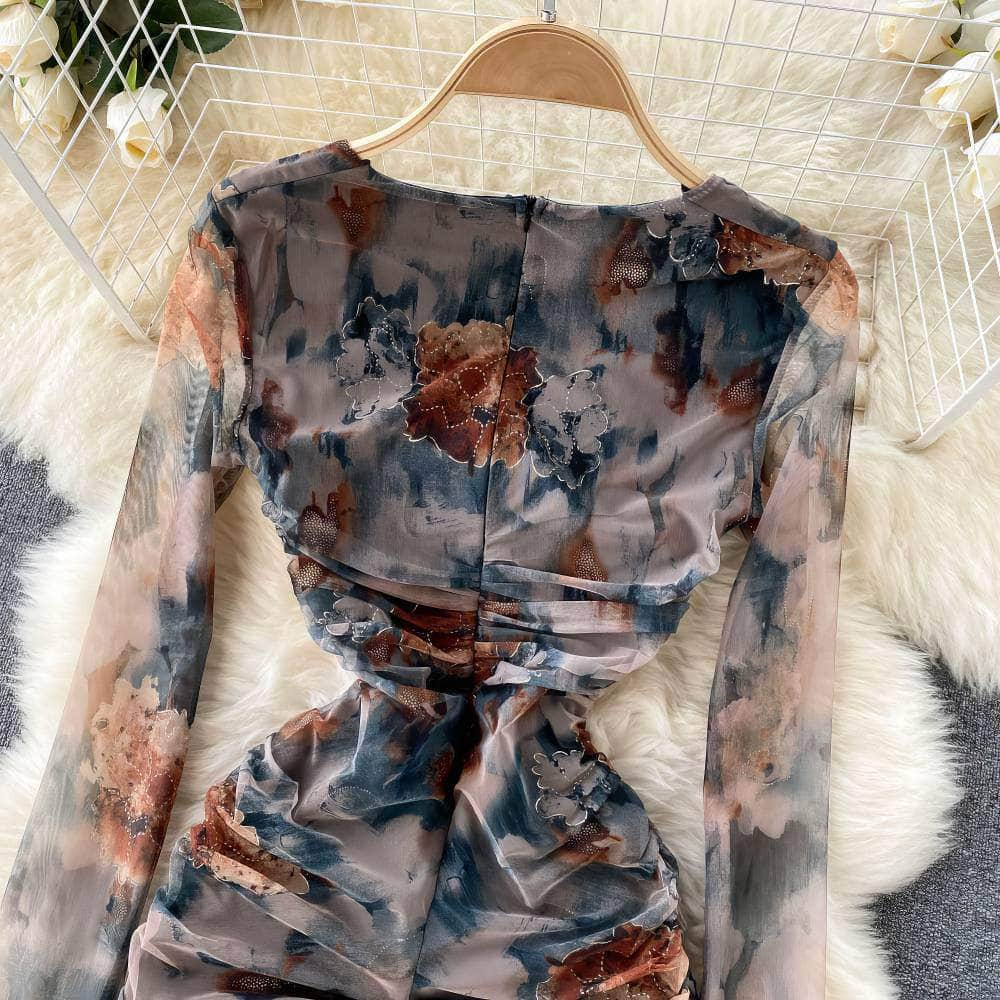 Square Neck Floral Print Ruched Slim Fit Sheer Dress