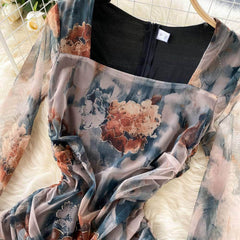 Square Neck Floral Print Ruched Slim Fit Sheer Dress