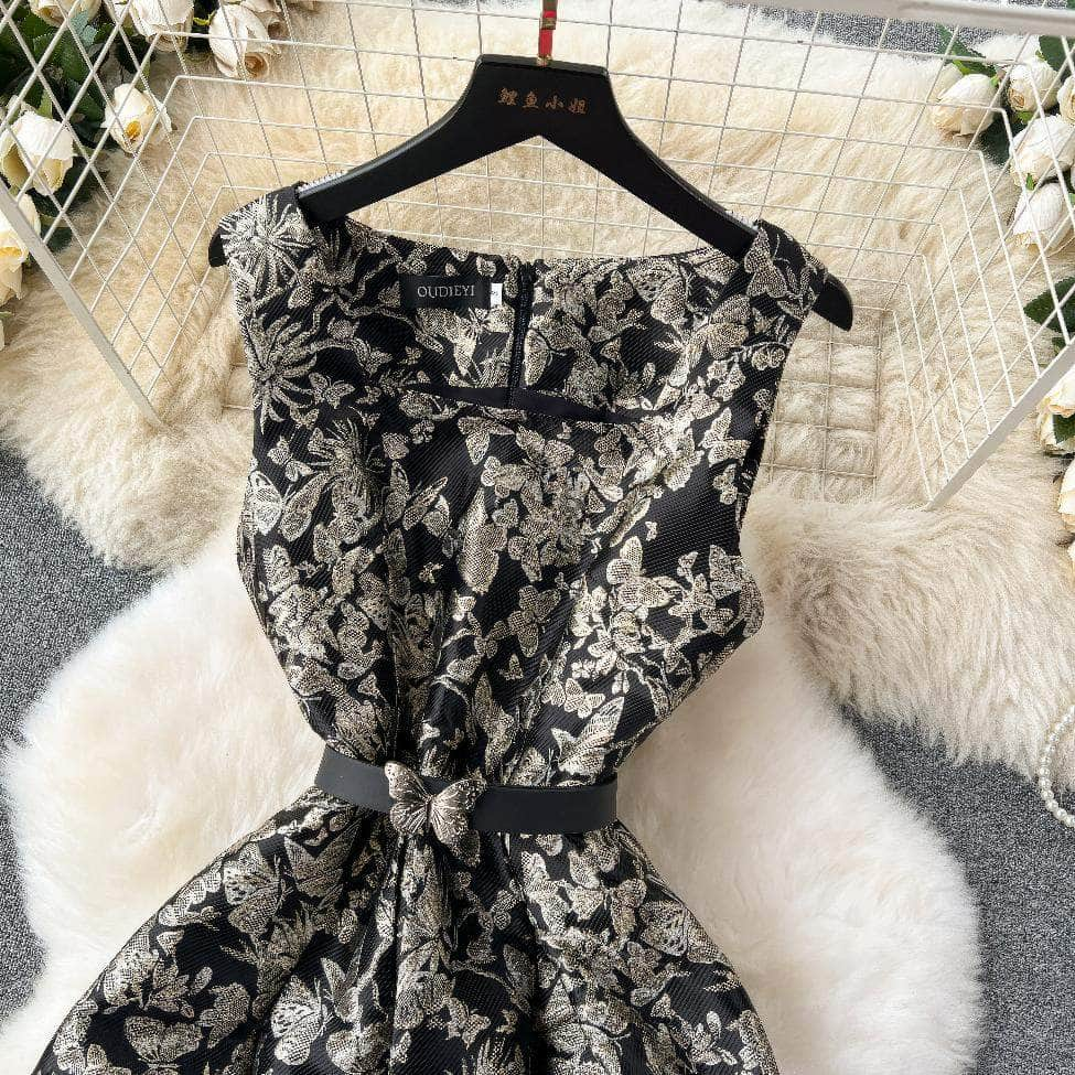 Square Neck Jacquard Lace Floral Embellished Midi Dress