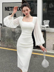 Square Neck Lantern Sleeves Column Dress S / White