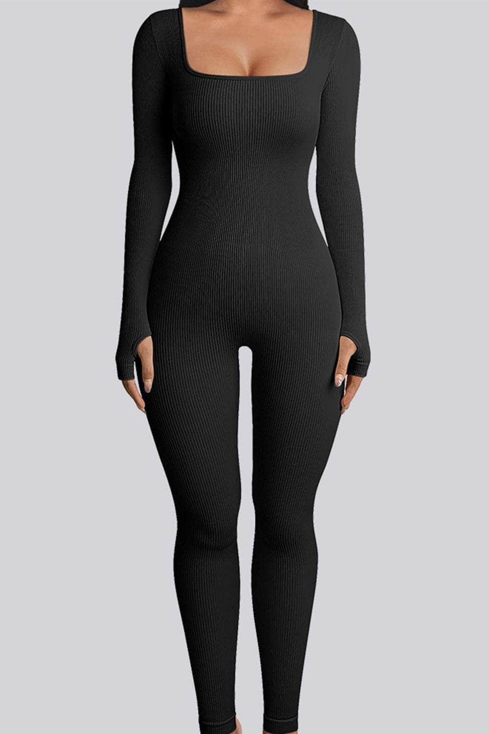 Square Neck Long Sleeve Active Jumpsuit Black / S