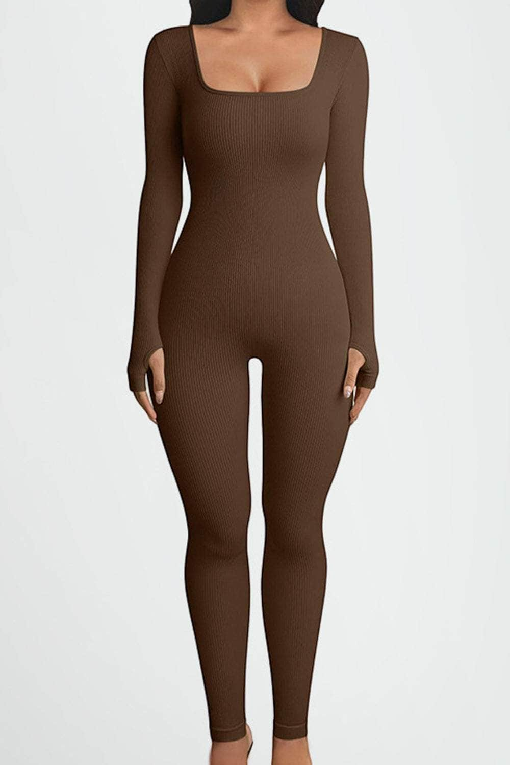 Square Neck Long Sleeve Active Jumpsuit Chocolate / S