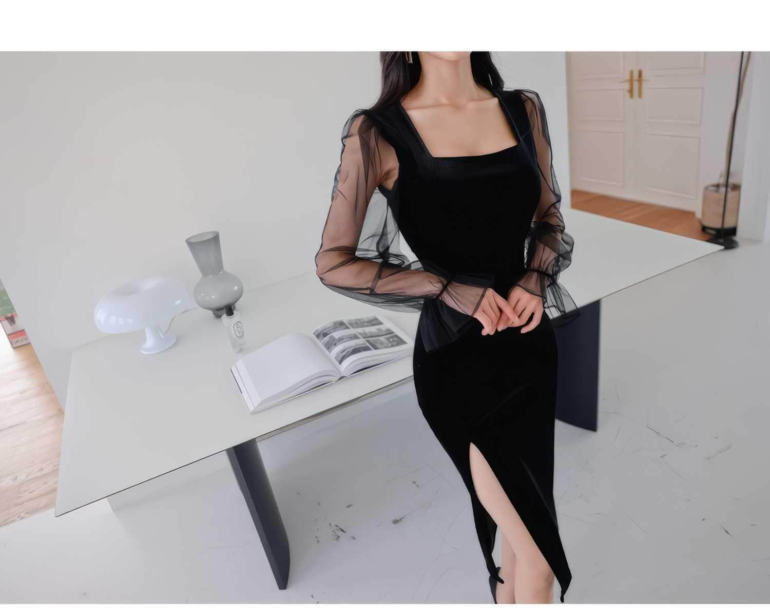 Square Neck Mesh Longsleeve Side Slit Dress