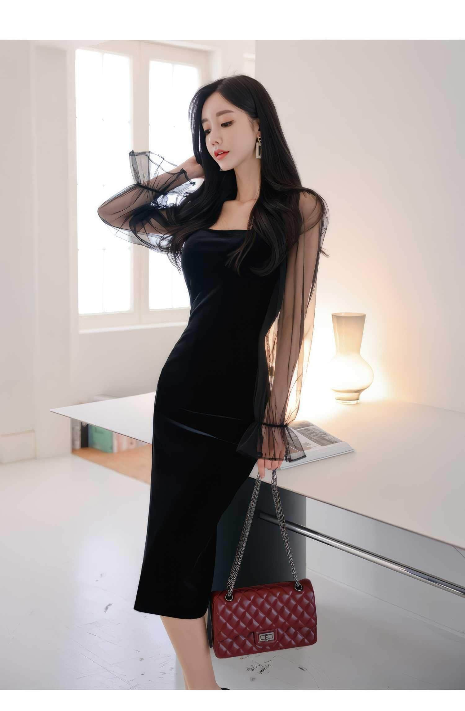 Square Neck Mesh Longsleeve Side Slit Dress