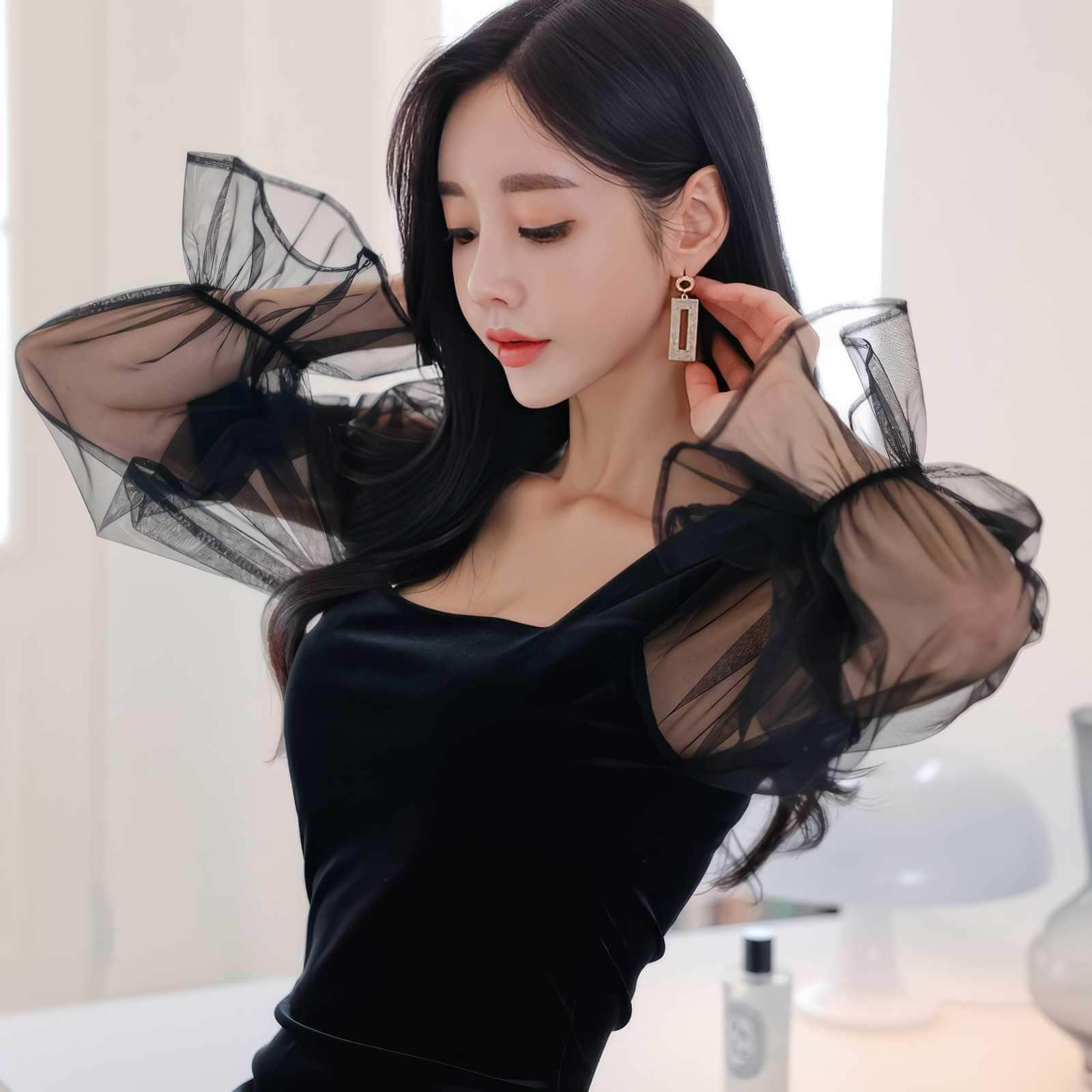 Square Neck Mesh Longsleeve Side Slit Dress