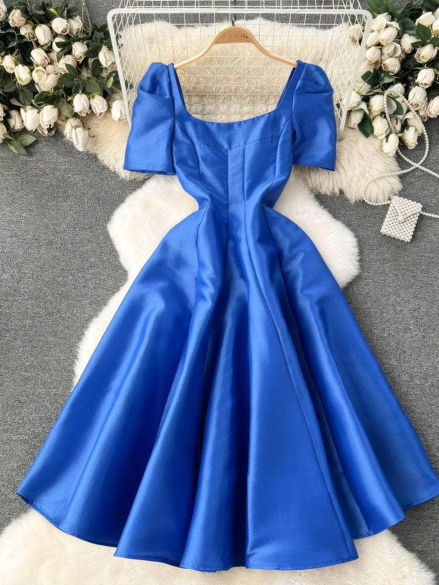 Square Neck Puff Shoulders Aline Satin Dress S / Blue