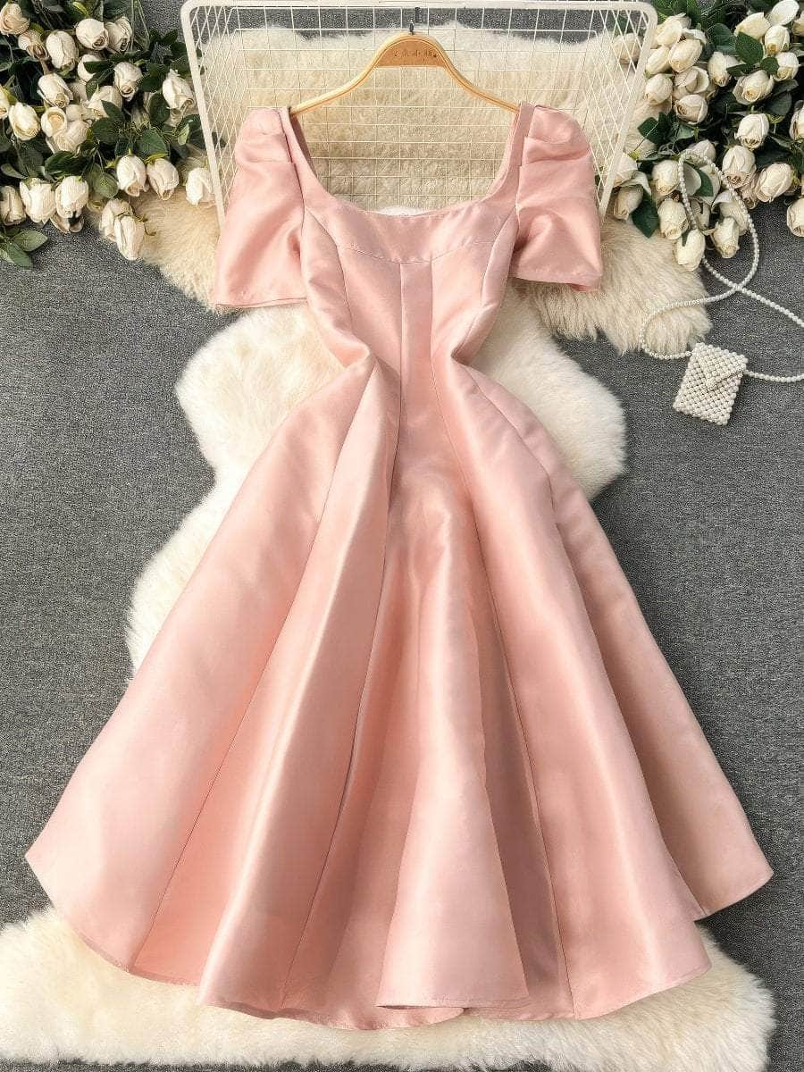 Square Neck Puff Shoulders Aline Satin Dress S / LightPink