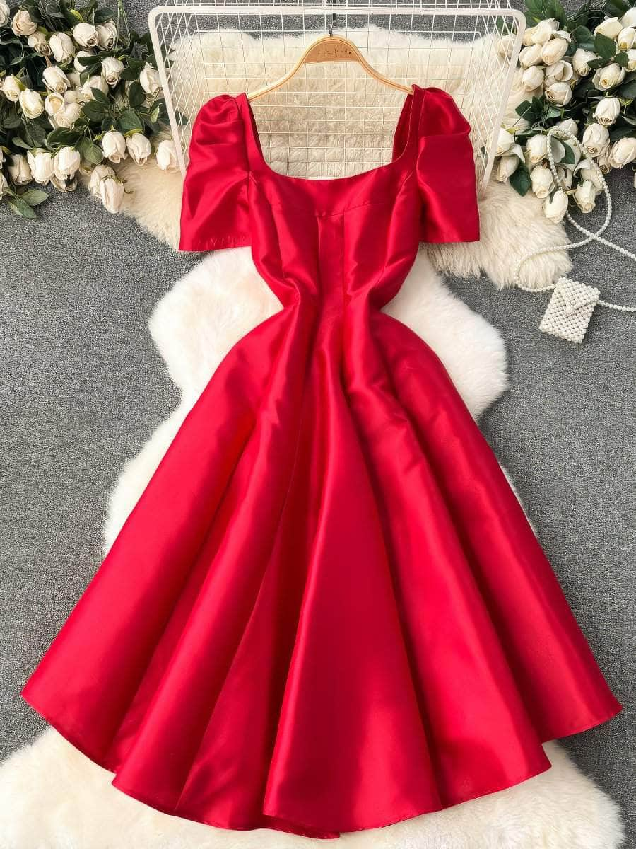 Square Neck Puff Shoulders Aline Satin Dress S / Red