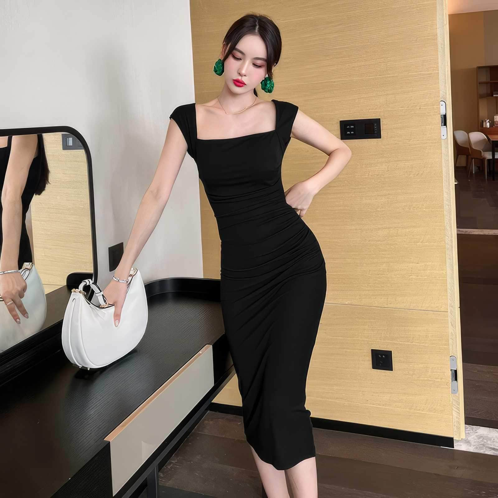 Square Neck Ribbed Bodycon Dress