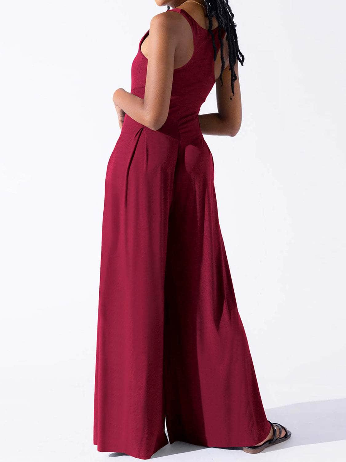 Square Neck Wide Strap Jumpsuit Burgundy / S