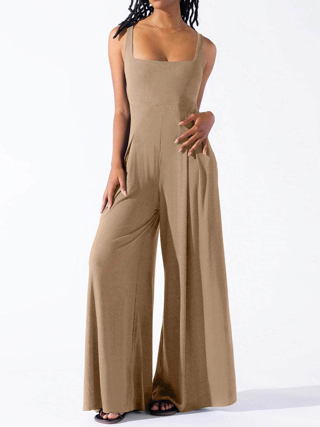 Square Neck Wide Strap Jumpsuit Camel / S