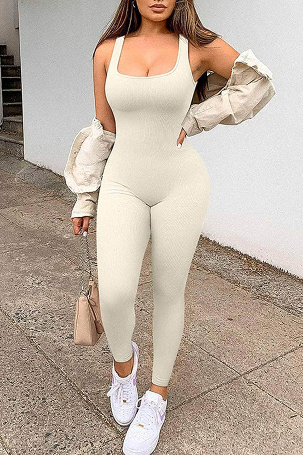 Square Neck Wide Strap Jumpsuit Cream / S