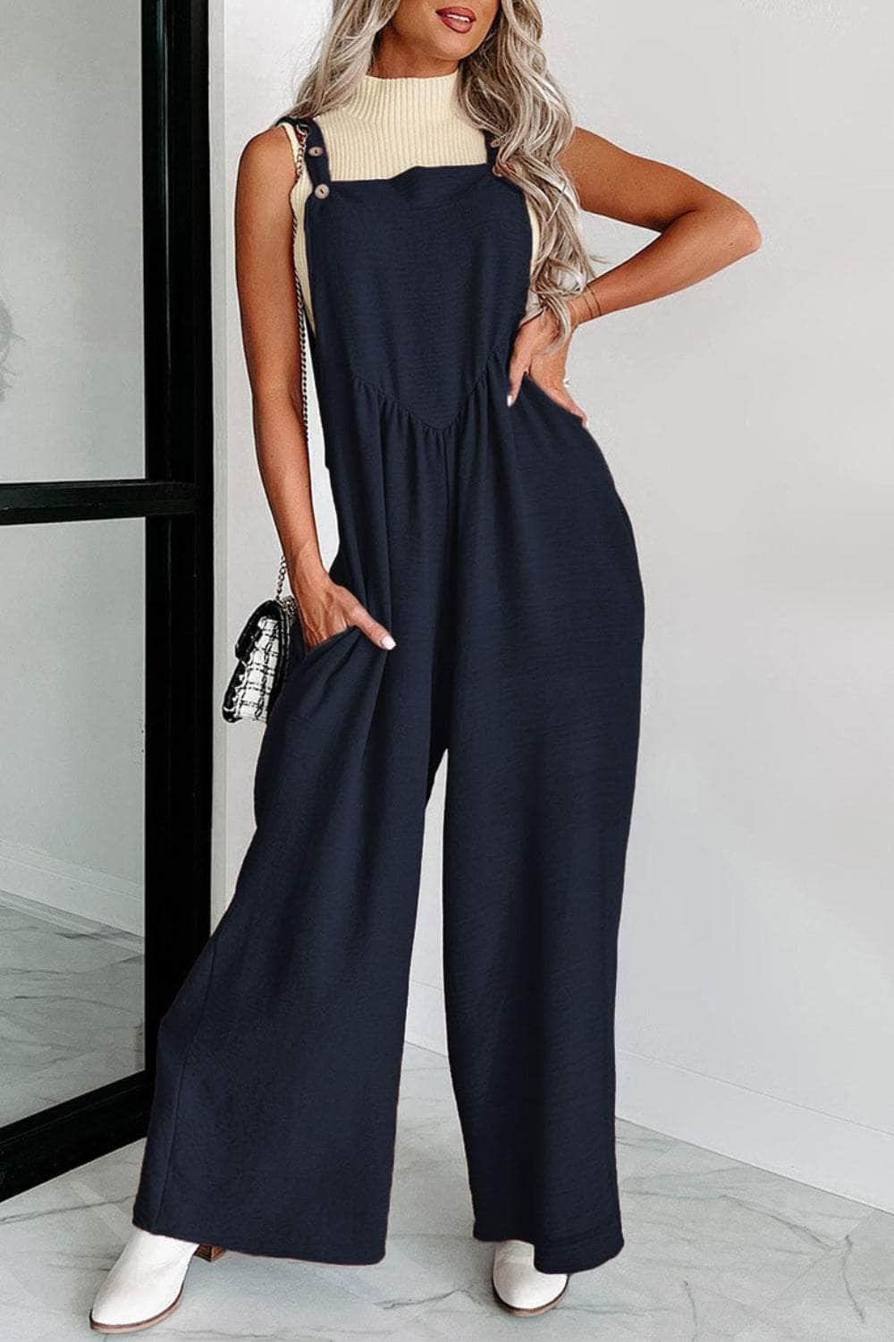 Square Neck Wide Strap Jumpsuit Dark Blue / S