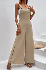 Square Neck Wide Strap Jumpsuit Khaki / S