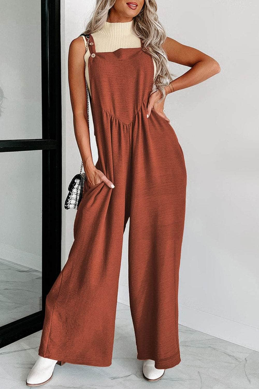 Square Neck Wide Strap Jumpsuit Rust / S