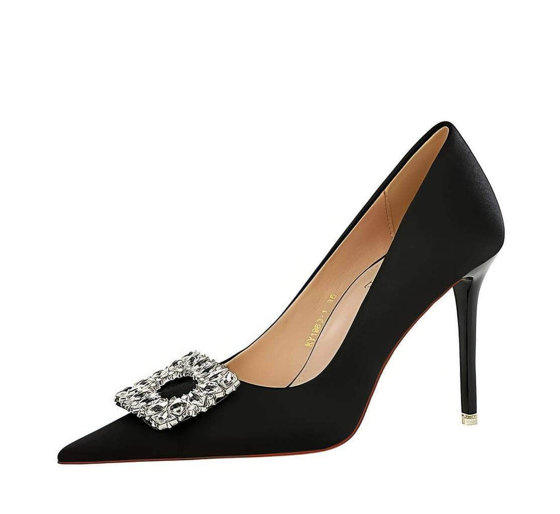 Square Rhinestone Court Satin Stilettos