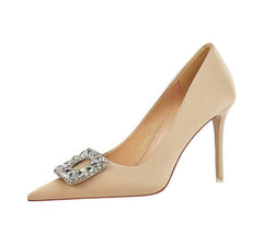 Square Rhinestone Court Satin Stilettos